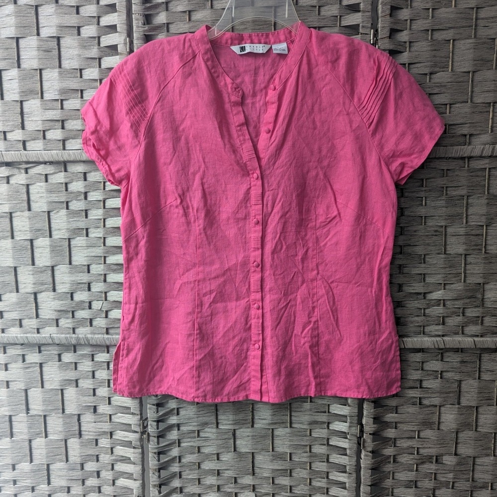 Vtg Carole Little Top Pink Linen Pintuck Pleated Button Up Lg Tailored Feminine
